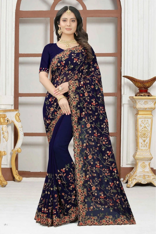 Navy Blue Colour Georgette Embroidery Saree SD1090322