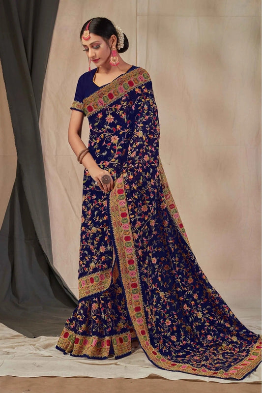 Navy Blue Colour Georgette Embroidery Saree SD1120900