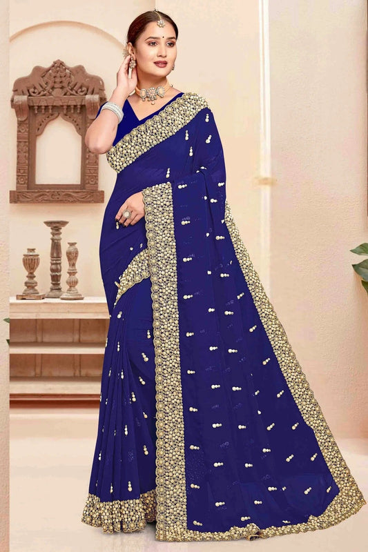 Navy Blue Colour Georgette Embroidery Work Designer Saree SD1091245