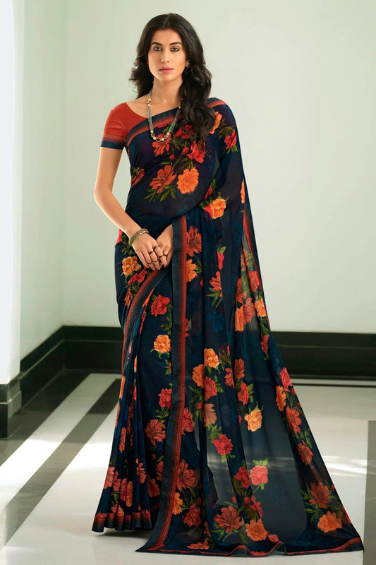 Navy Blue Colour Georgette Printed Saree SD1180050