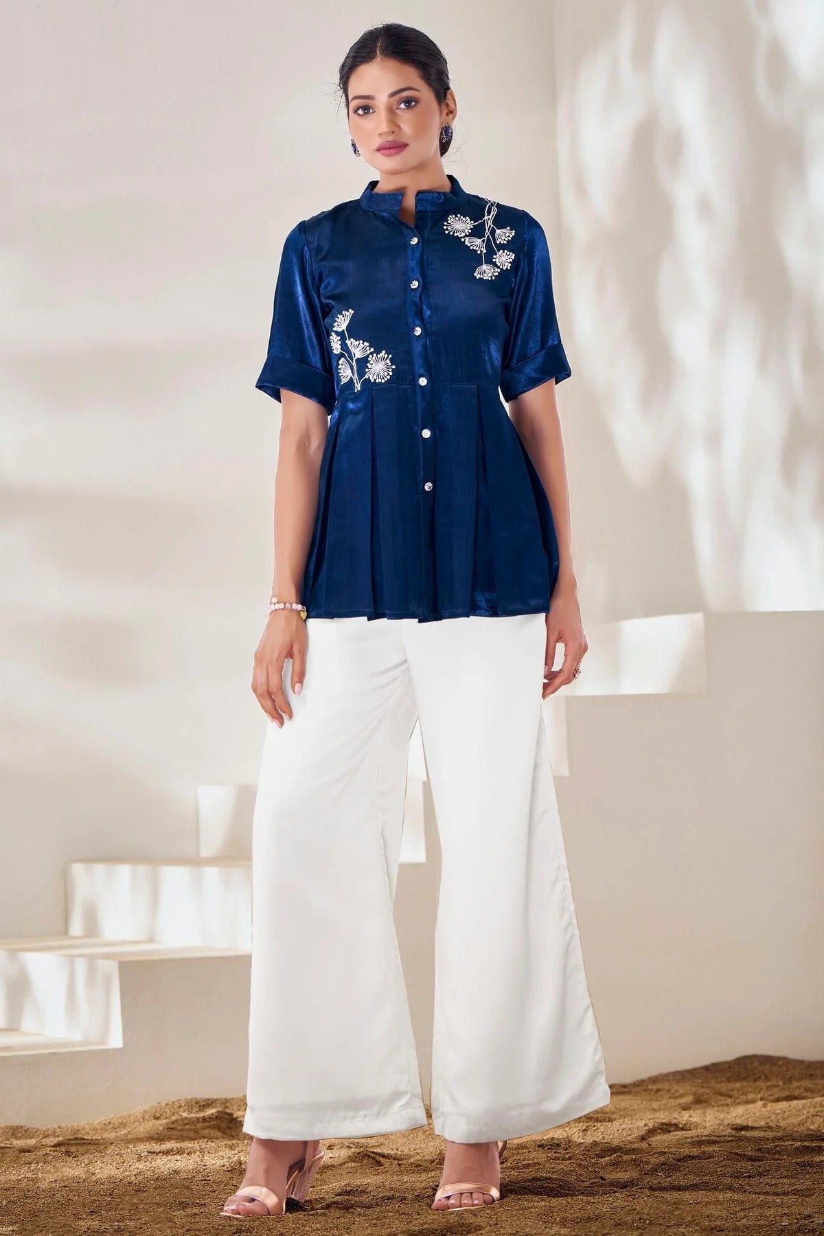 Navy Blue Colour Hand Work Pure Gaji Silk Top TP1080907