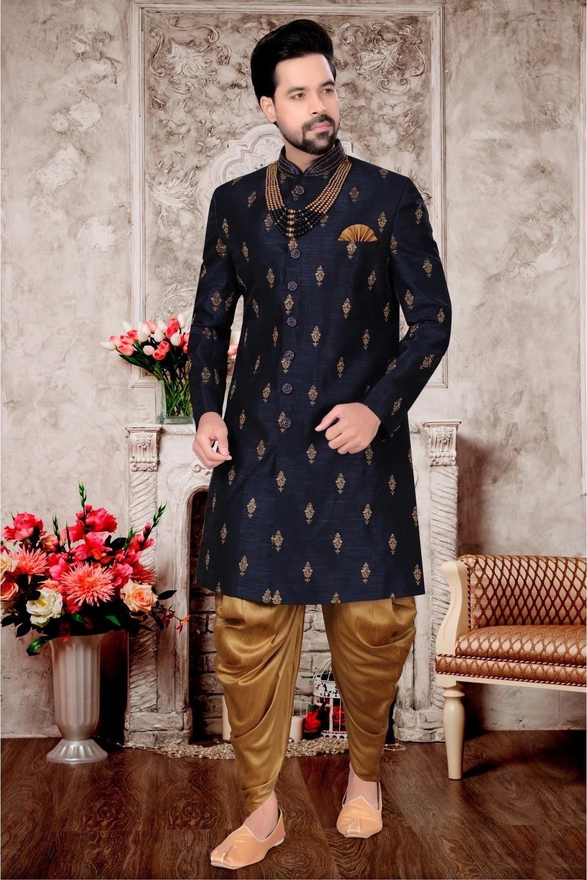 Navy Blue Colour Jacquard Dhoti Sherwani SH1040293