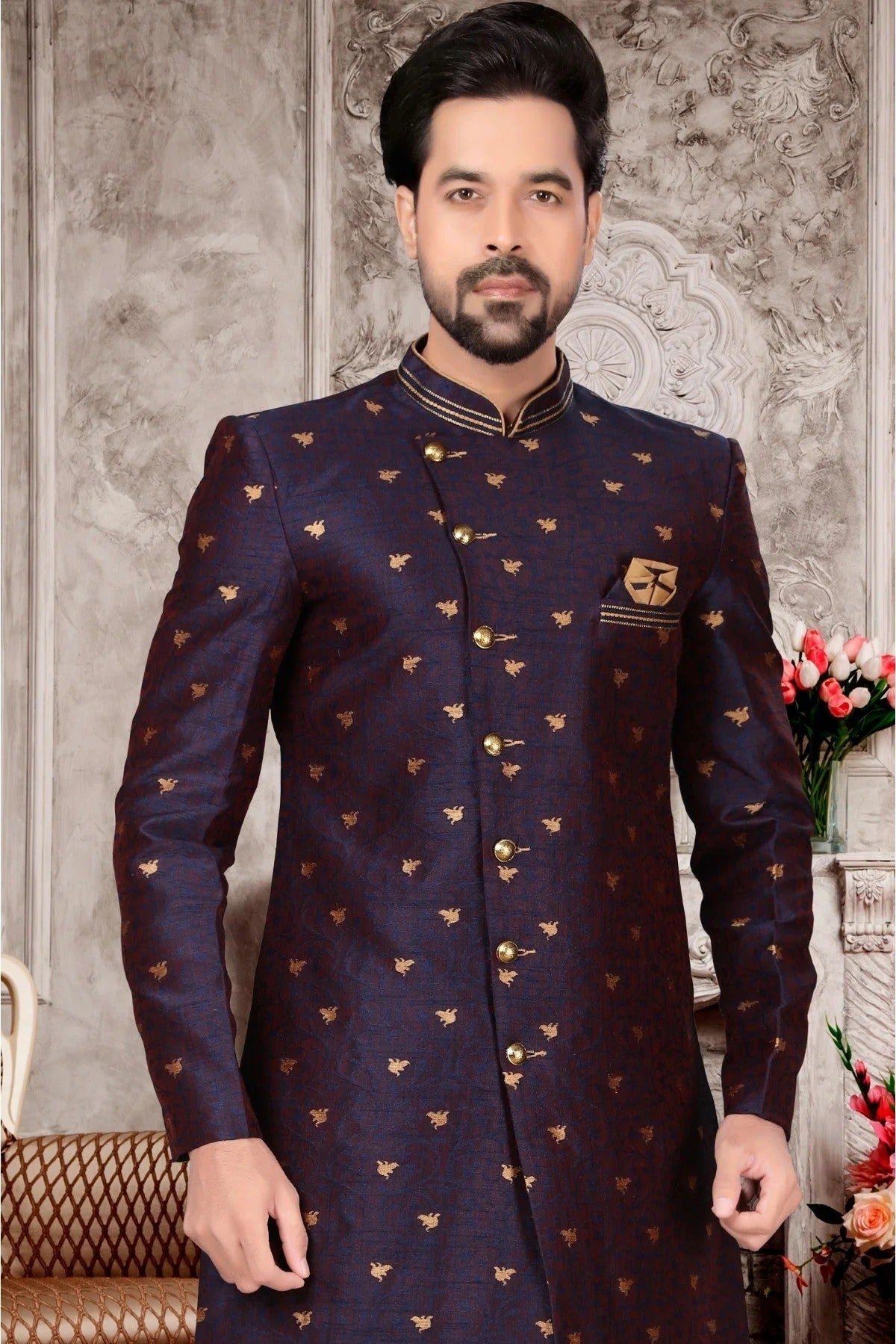 Navy Blue Colour Jacquard Dhoti Sherwani SH1040304 A