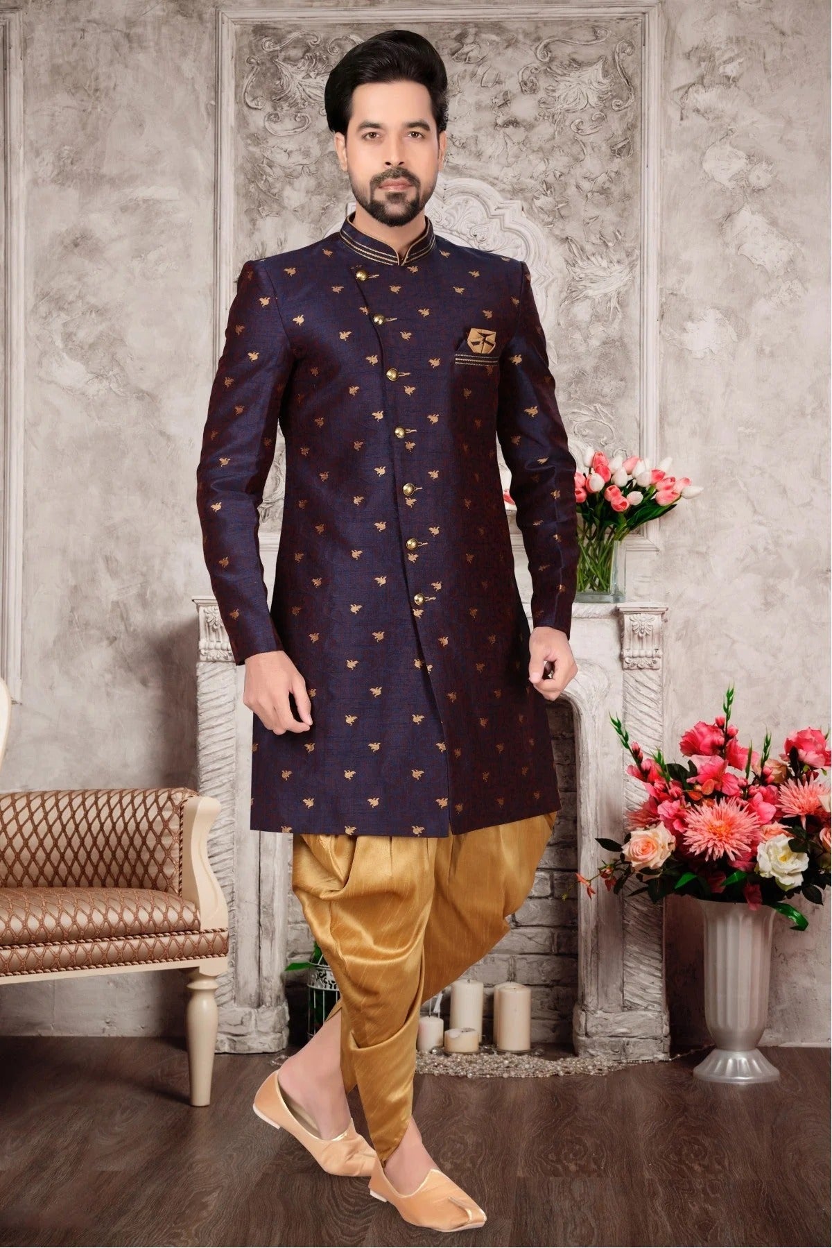 Navy Blue Colour Jacquard Dhoti Sherwani SH1040304