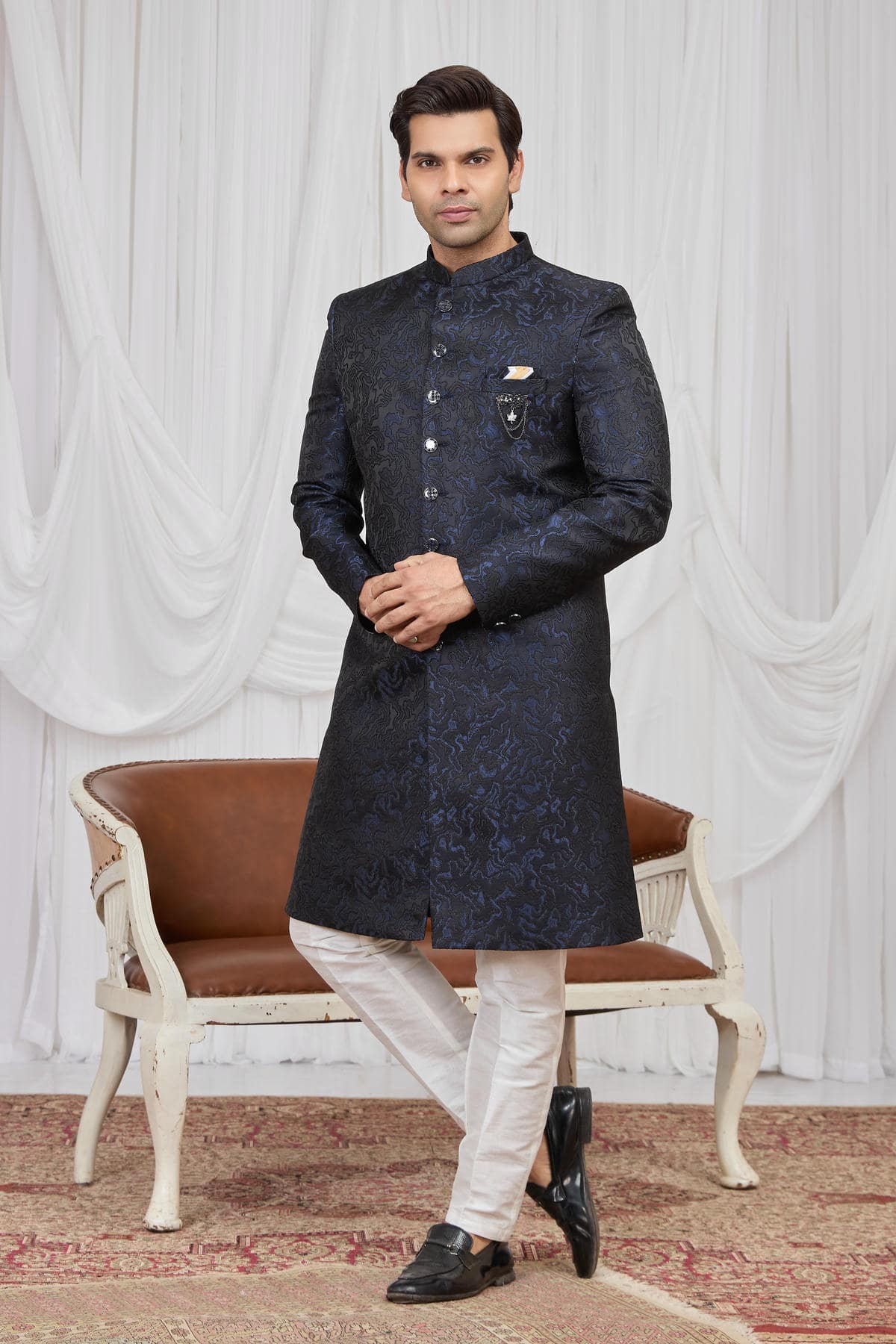 Navy Blue Colour Jacquard Embroidery Work Indo Western Sherwani SH1230600