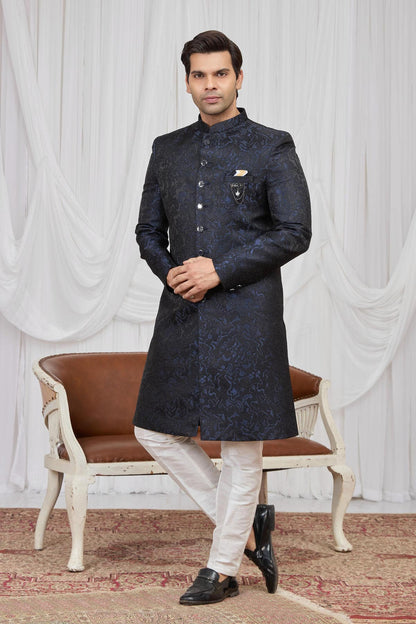 Navy Blue Colour Jacquard Embroidery Work Indo Western Sherwani SH1230600