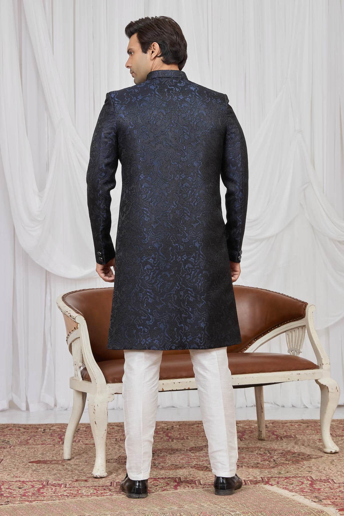 Navy Blue Colour Jacquard Embroidery Work Indo Western Sherwani SH1230600