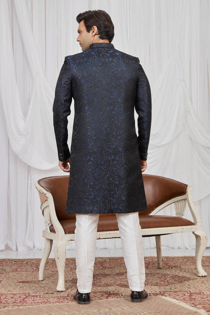 Navy Blue Colour Jacquard Embroidery Work Indo Western Sherwani SH1230600