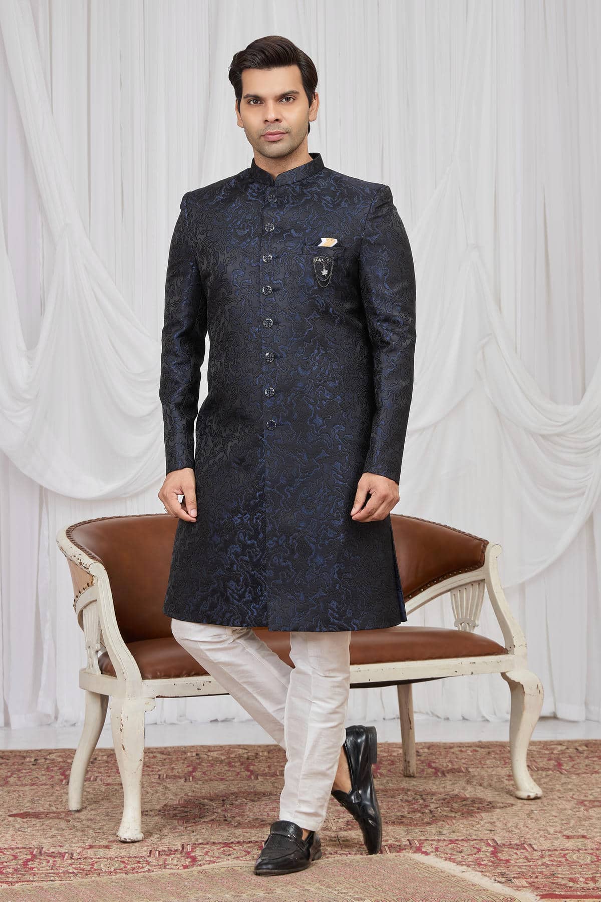 Navy Blue Colour Jacquard Embroidery Work Indo Western Sherwani SH1230600