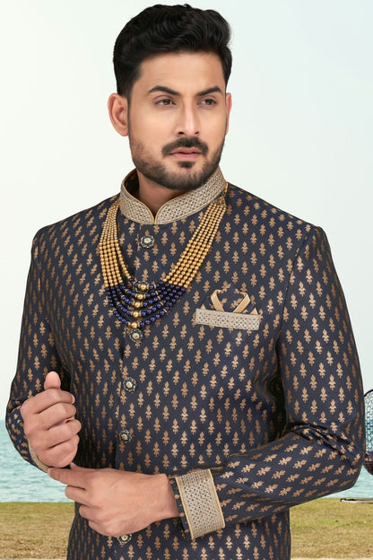 Navy Blue Colour Jacquard Indo Western Sherwani SH1040506 A