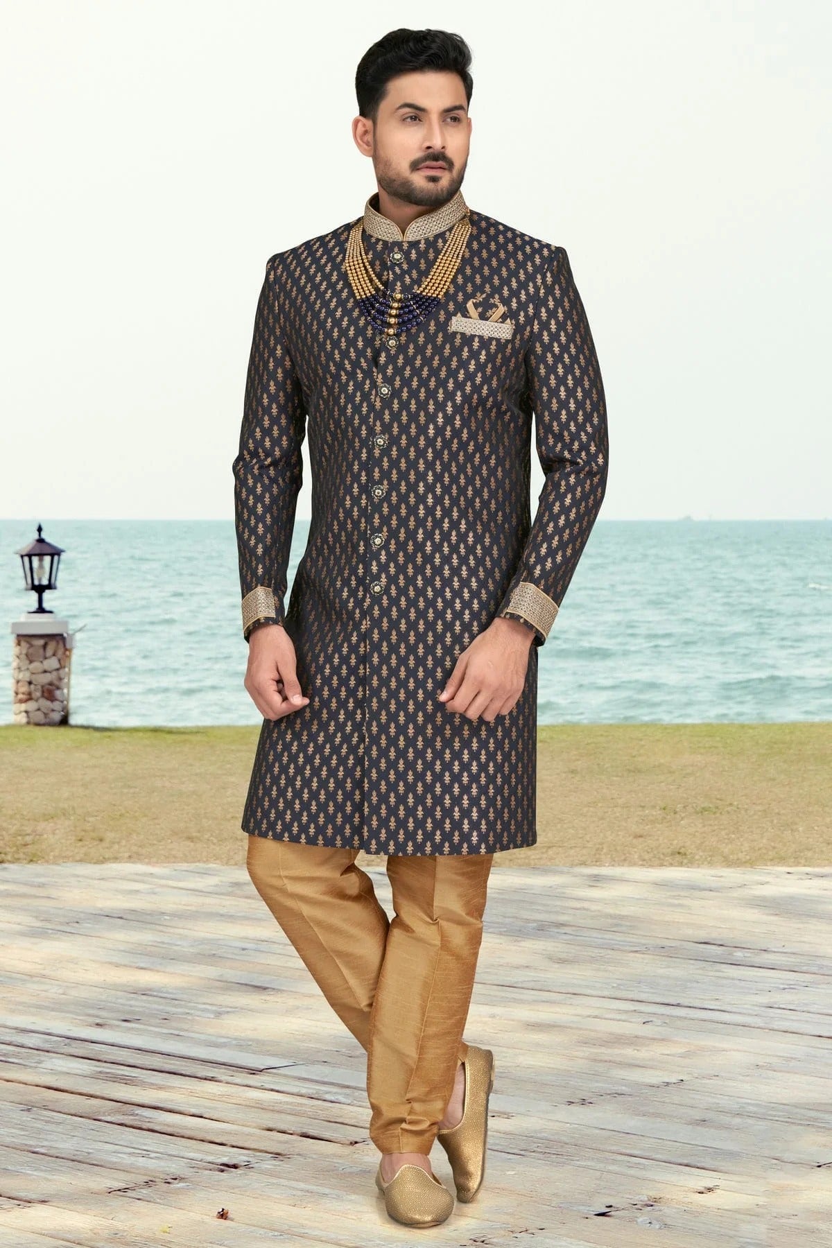Navy Blue Colour Jacquard Indo Western Sherwani SH1040506