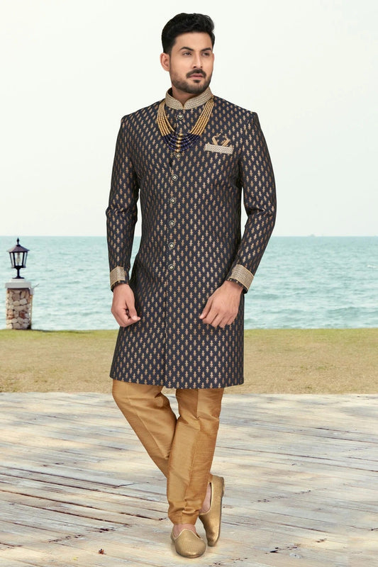 Navy Blue Colour Jacquard Indo Western Sherwani SH1040506