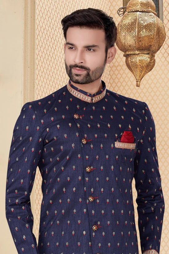Navy Blue Colour Jacquard Sherwani SH1040261 A
