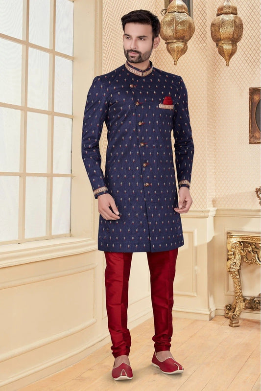 Navy Blue Colour Jacquard Sherwani SH1040261