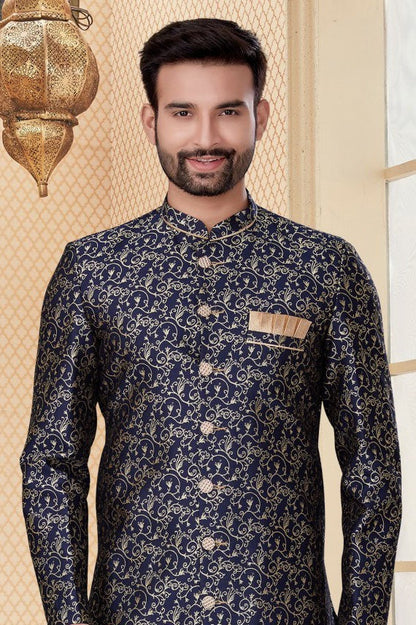 Navy Blue Colour Jacquard Sherwani SH1040266 A