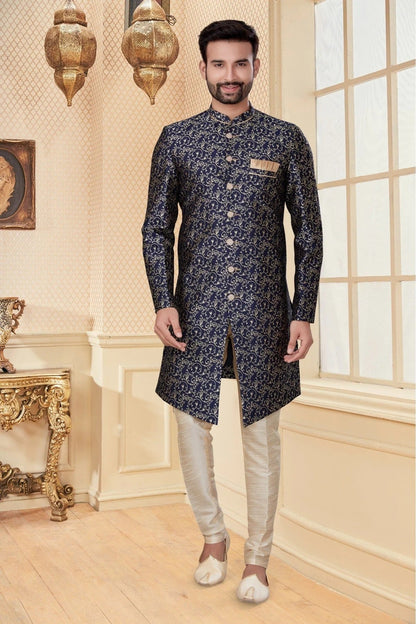 Navy Blue Colour Jacquard Sherwani SH1040266