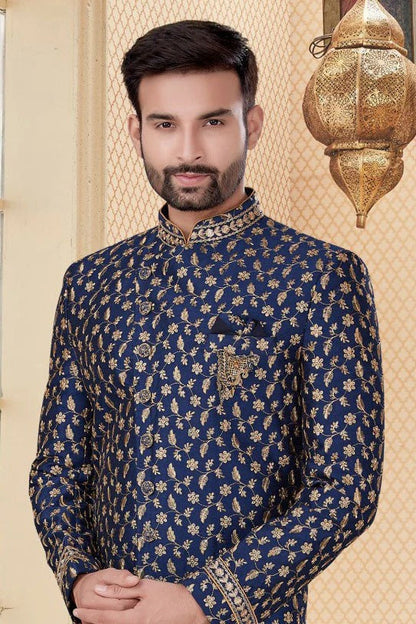 Navy Blue Colour Jacquard Sherwani SH1040277 A