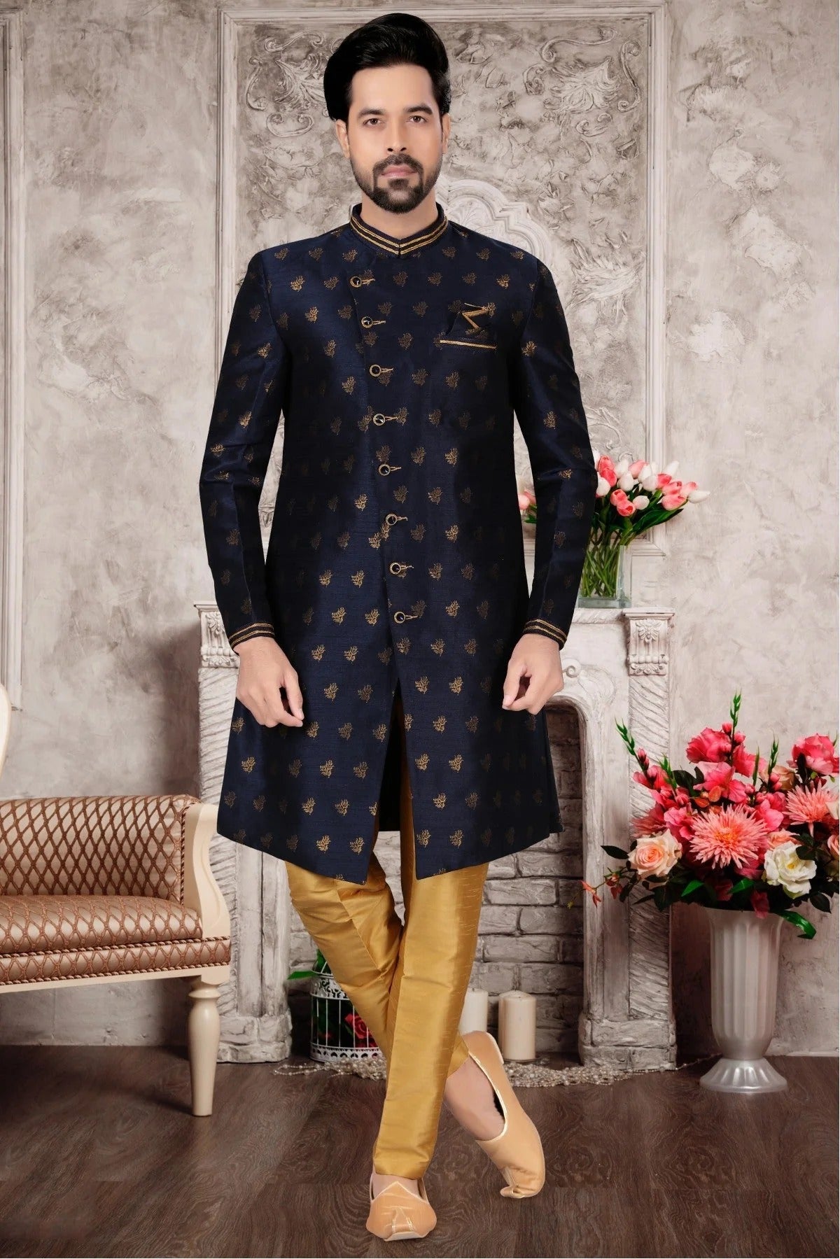 Navy Blue Colour Jacquard Sherwani SH1040278