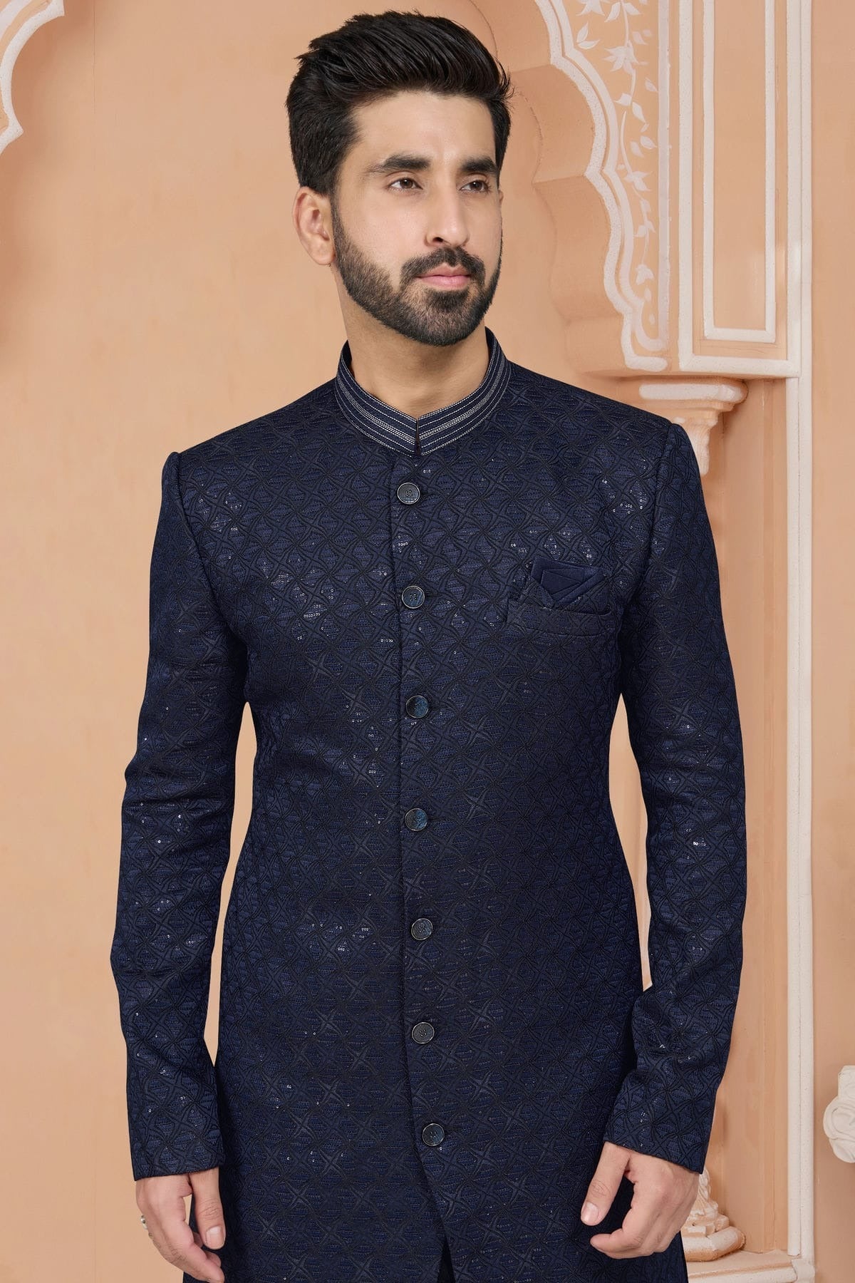 Navy Blue Colour Jacquard Sherwani SH1040545 A
