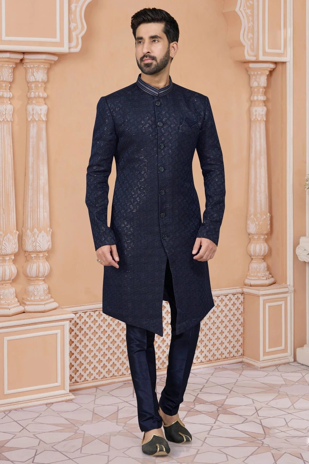 Navy Blue Colour Jacquard Sherwani SH1040545