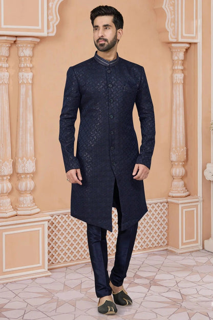 Navy Blue Colour Jacquard Sherwani SH1040545
