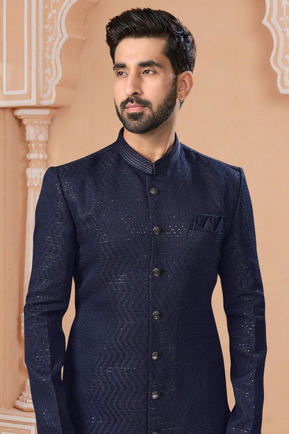 Navy Blue Colour Jacquard Sherwani SH1040552 A