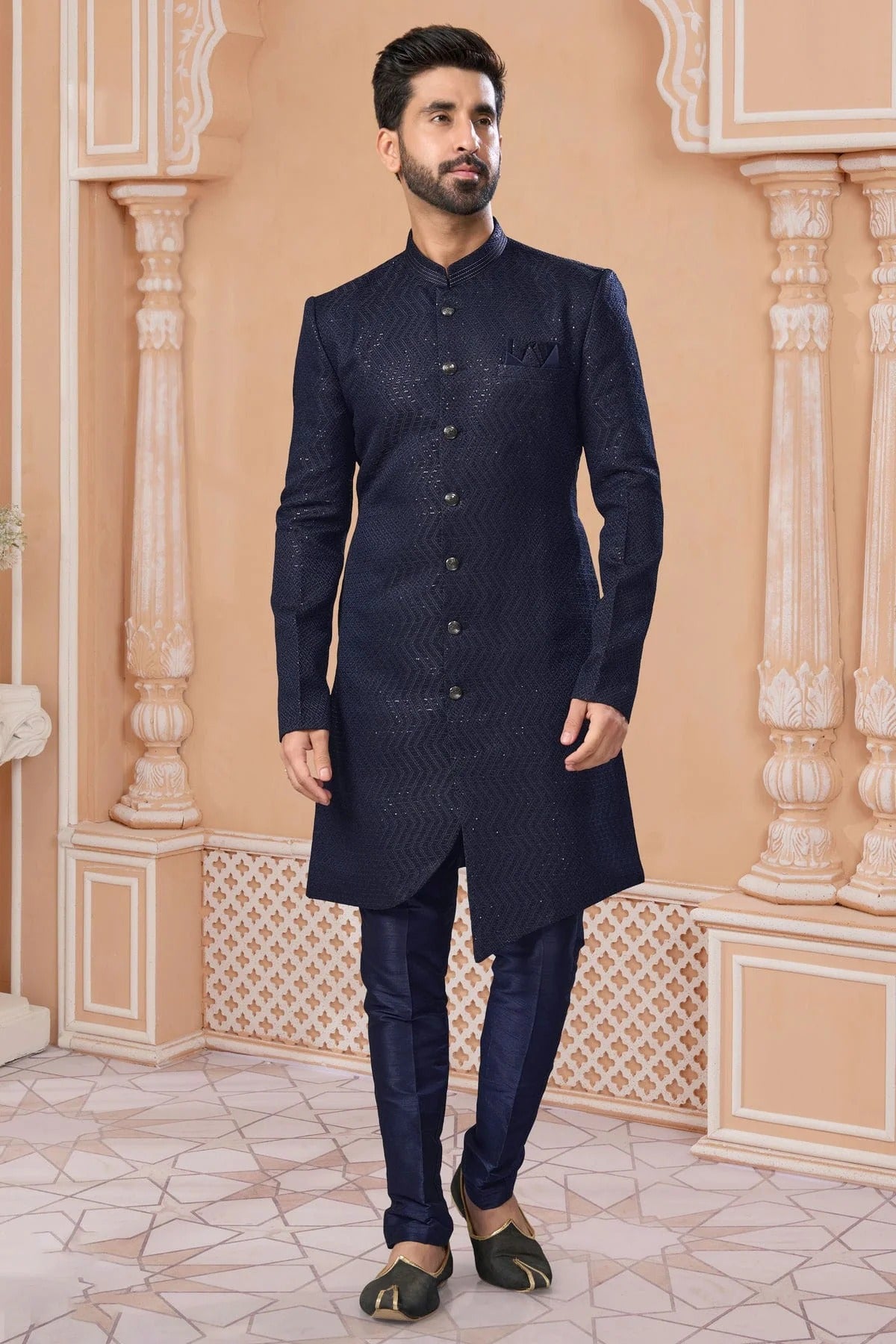 Navy Blue Colour Jacquard Sherwani SH1040552