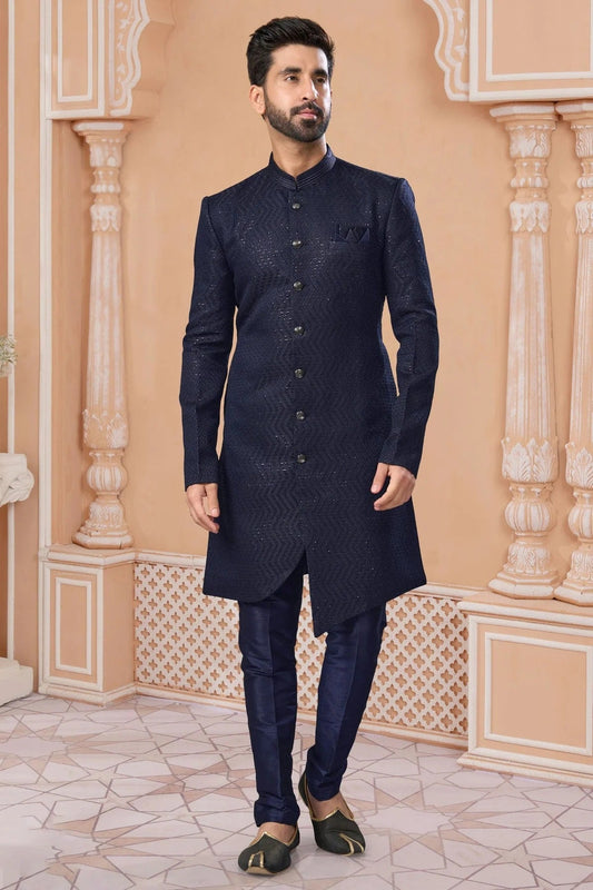 Navy Blue Colour Jacquard Sherwani SH1040552