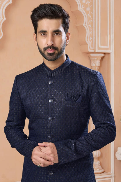 Navy Blue Colour Jacquard Sherwani SH1040559 A