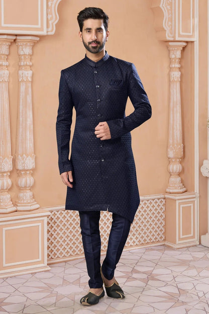 Navy Blue Colour Jacquard Sherwani SH1040559