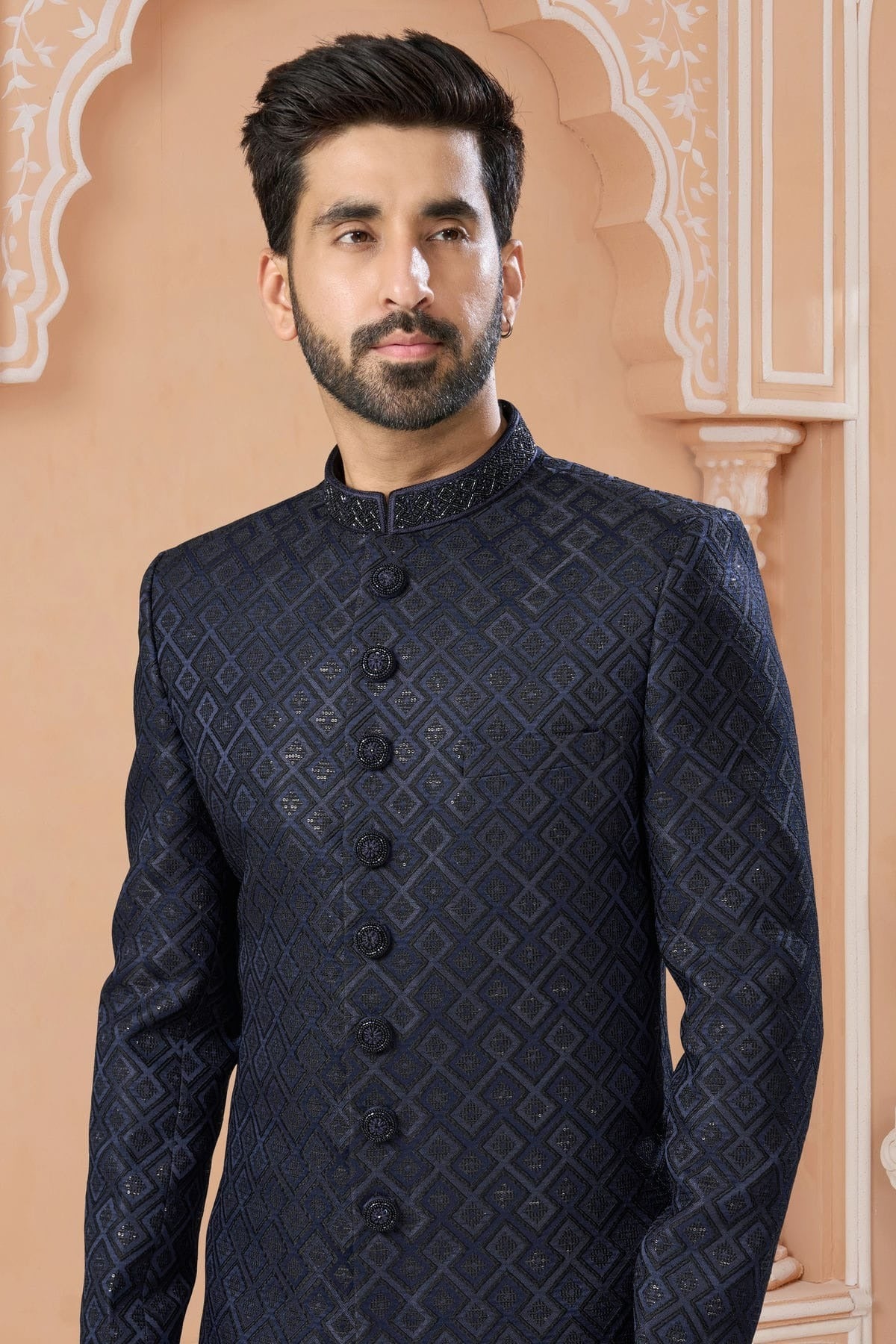 Navy Blue Colour Jacquard Sherwani SH1040575 A