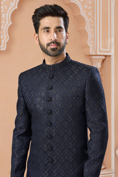 Navy Blue Colour Jacquard Sherwani SH1040575 A