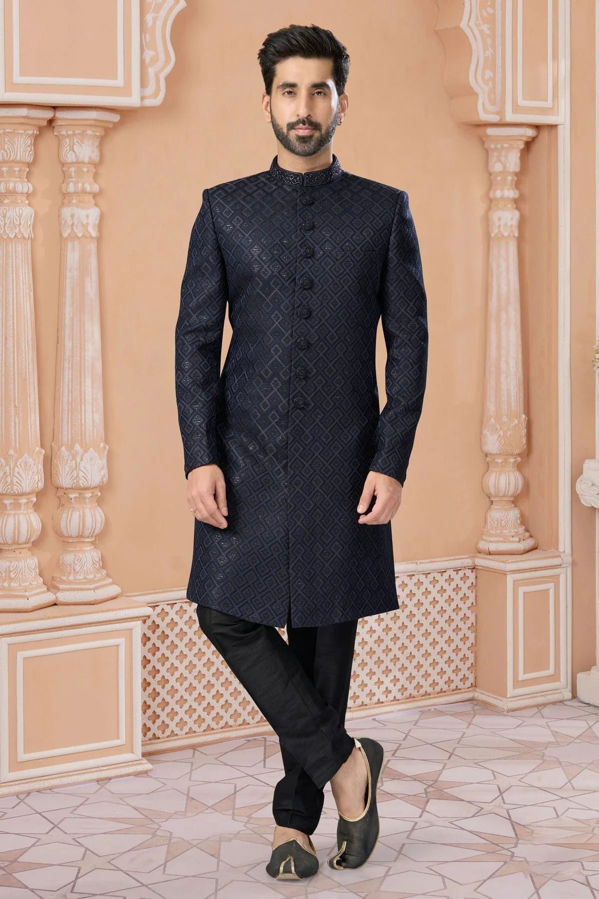 Navy Blue Colour Jacquard Sherwani SH1040575