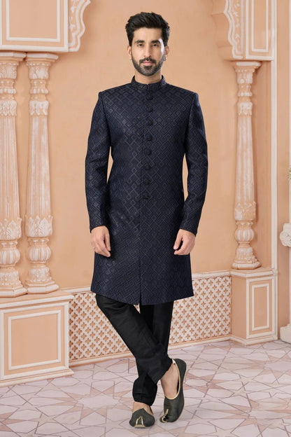 Navy Blue Colour Jacquard Sherwani SH1040575