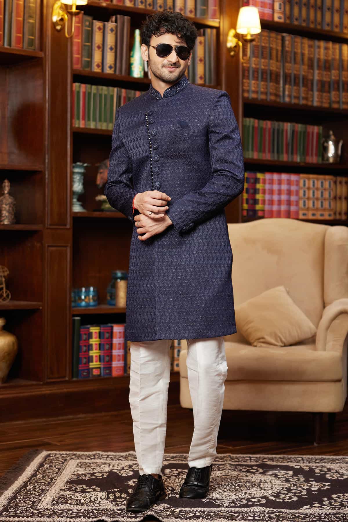 Navy Blue Colour Jacquard Silk Embroidery Work Indo Western