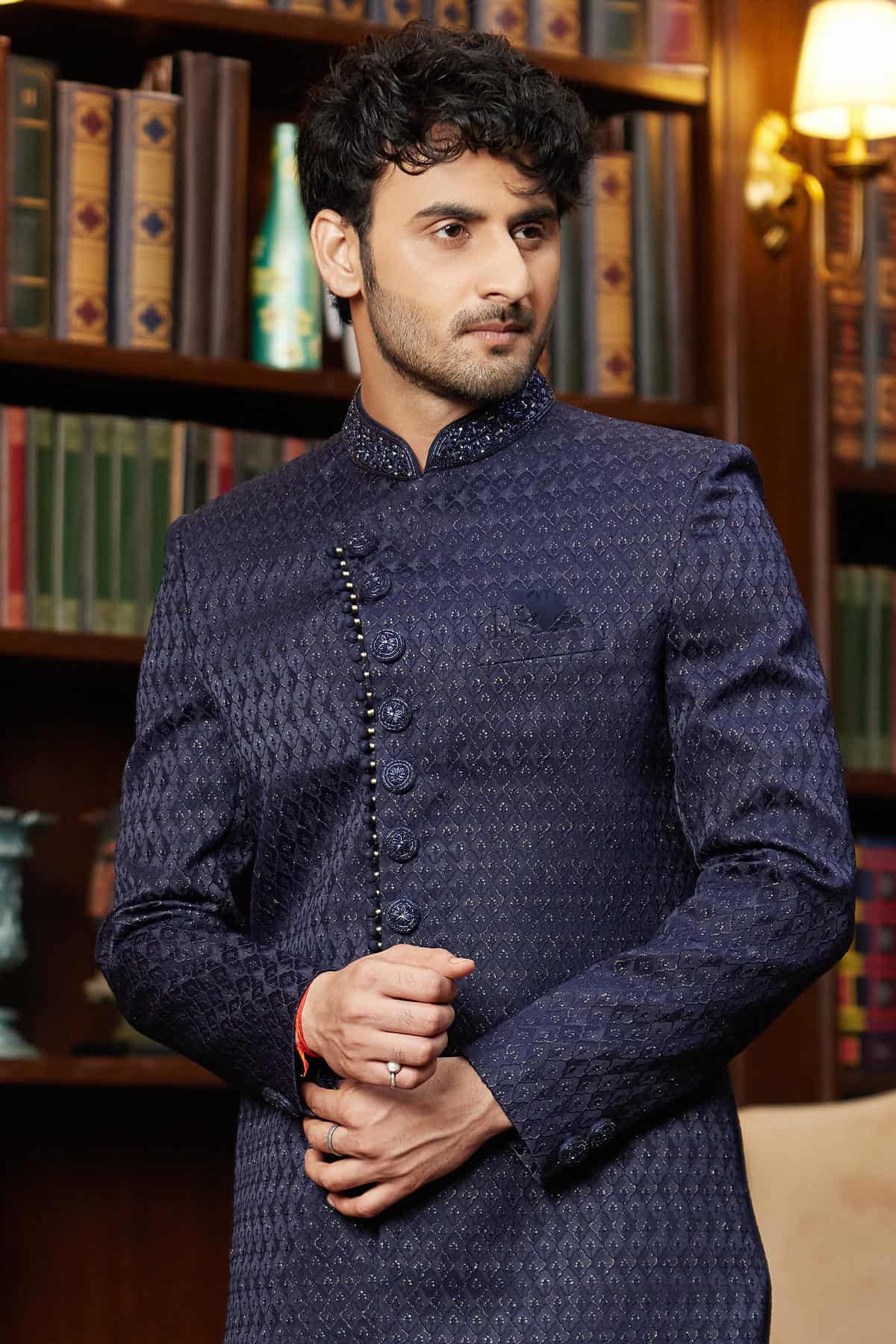 Navy Blue Colour Jacquard Silk Embroidery Work Indo Western