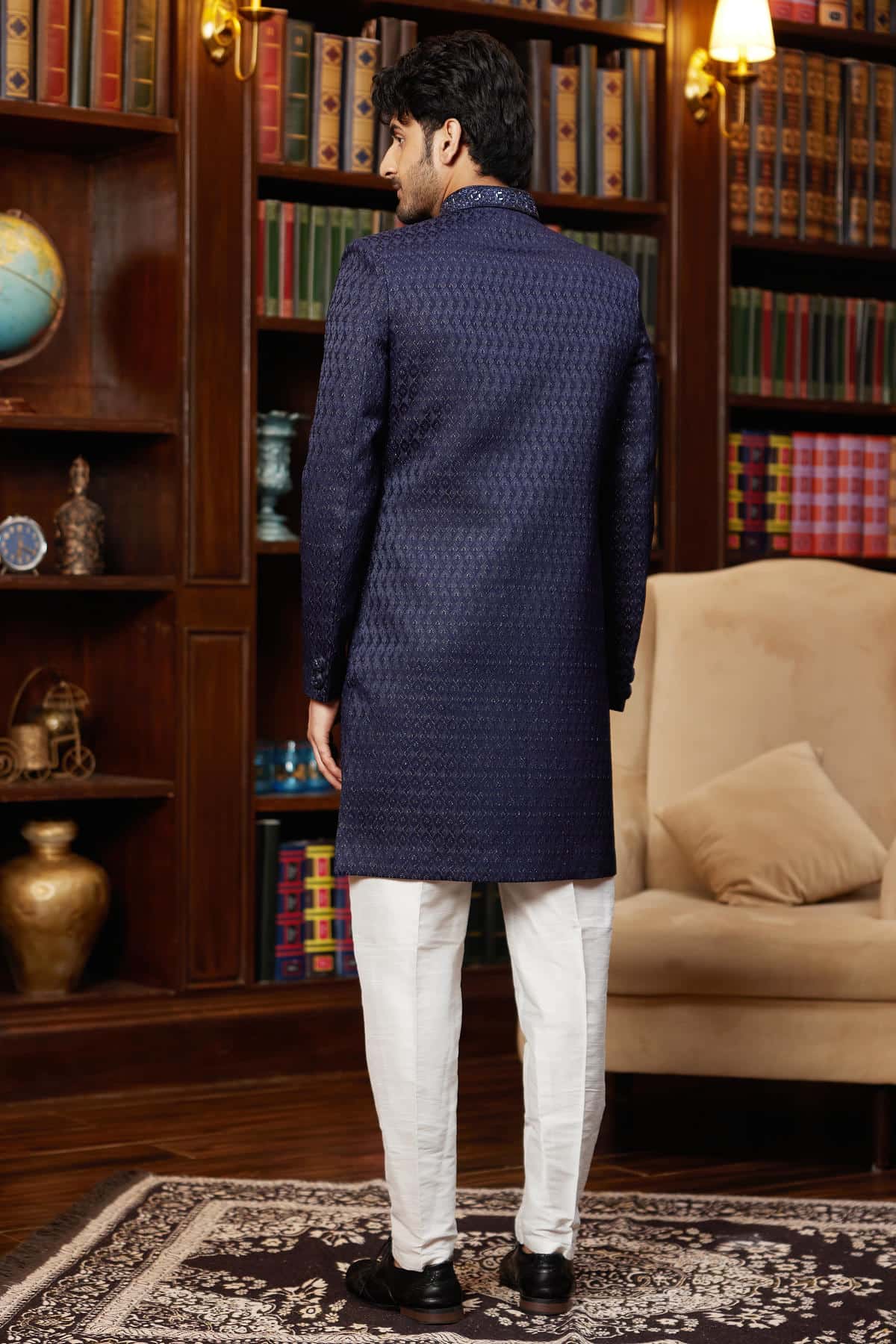 Navy Blue Colour Jacquard Silk Embroidery Work Indo Western