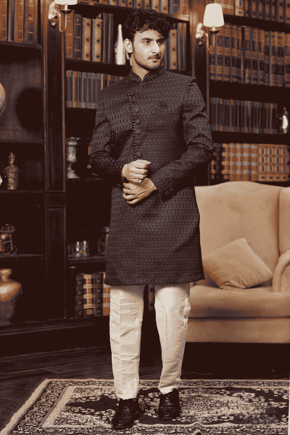 Navy Blue Colour Jacquard Silk Embroidery Work Indo Western