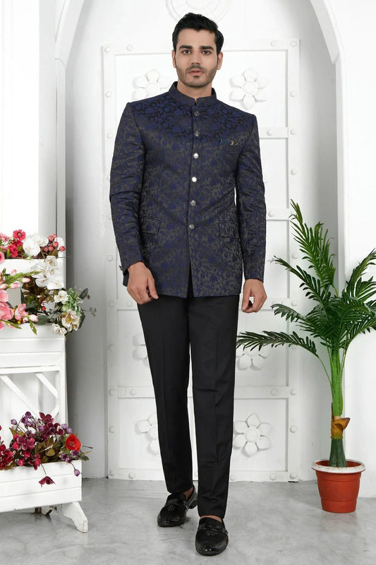 Navy Blue Colour Jacquard Silk Jodhpuri Jacket JP1230119