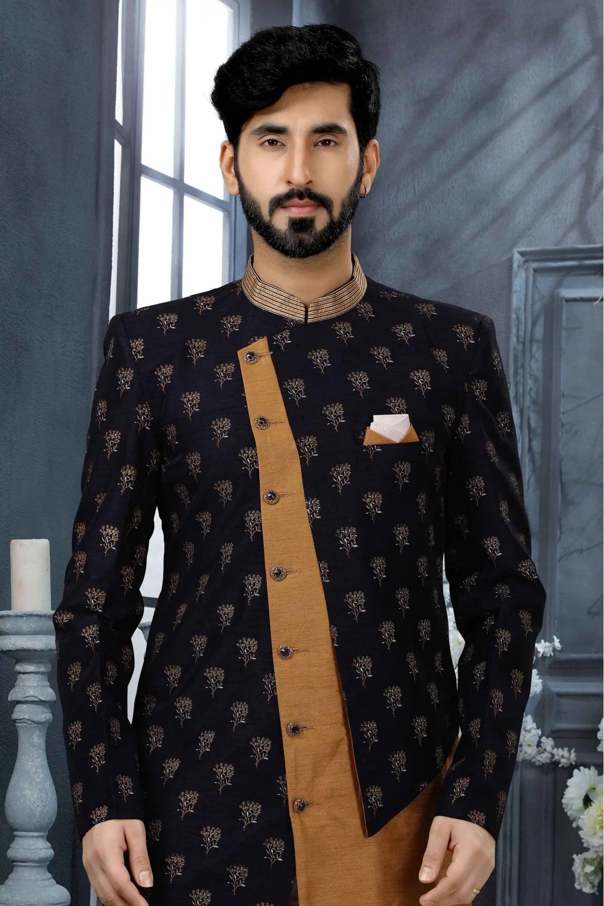 Navy Blue Colour Jacquard Thread Work Sherwani SH1040352 A