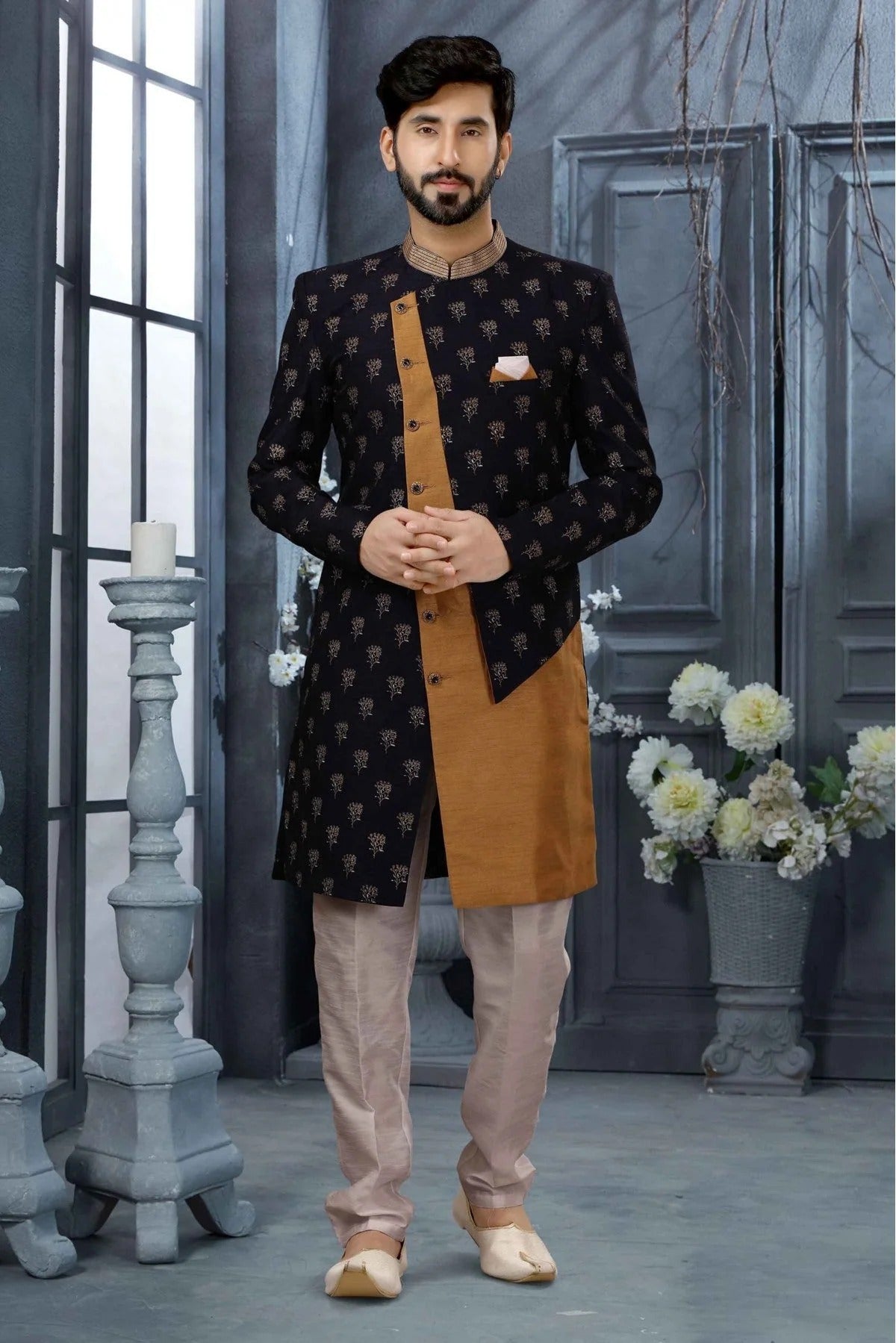 Navy Blue Colour Jacquard Thread Work Sherwani SH1040352