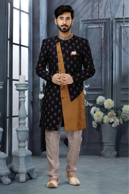 Navy Blue Colour Jacquard Thread Work Sherwani SH1040352