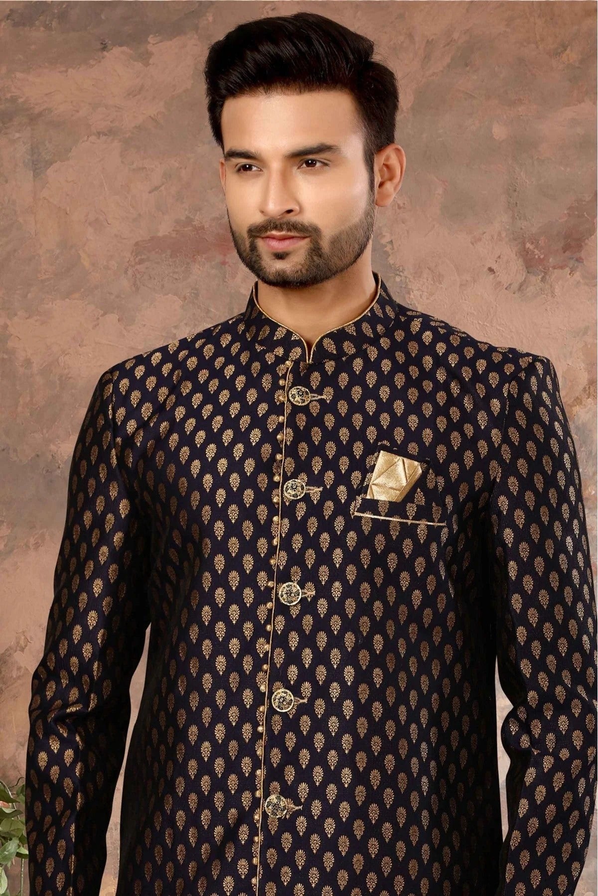 Navy Blue Colour Jacquard Woven Sherwani SH1040330 A