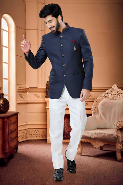 Navy Blue Colour Jodhpuri In Terry Rayon Fabric JP1130154