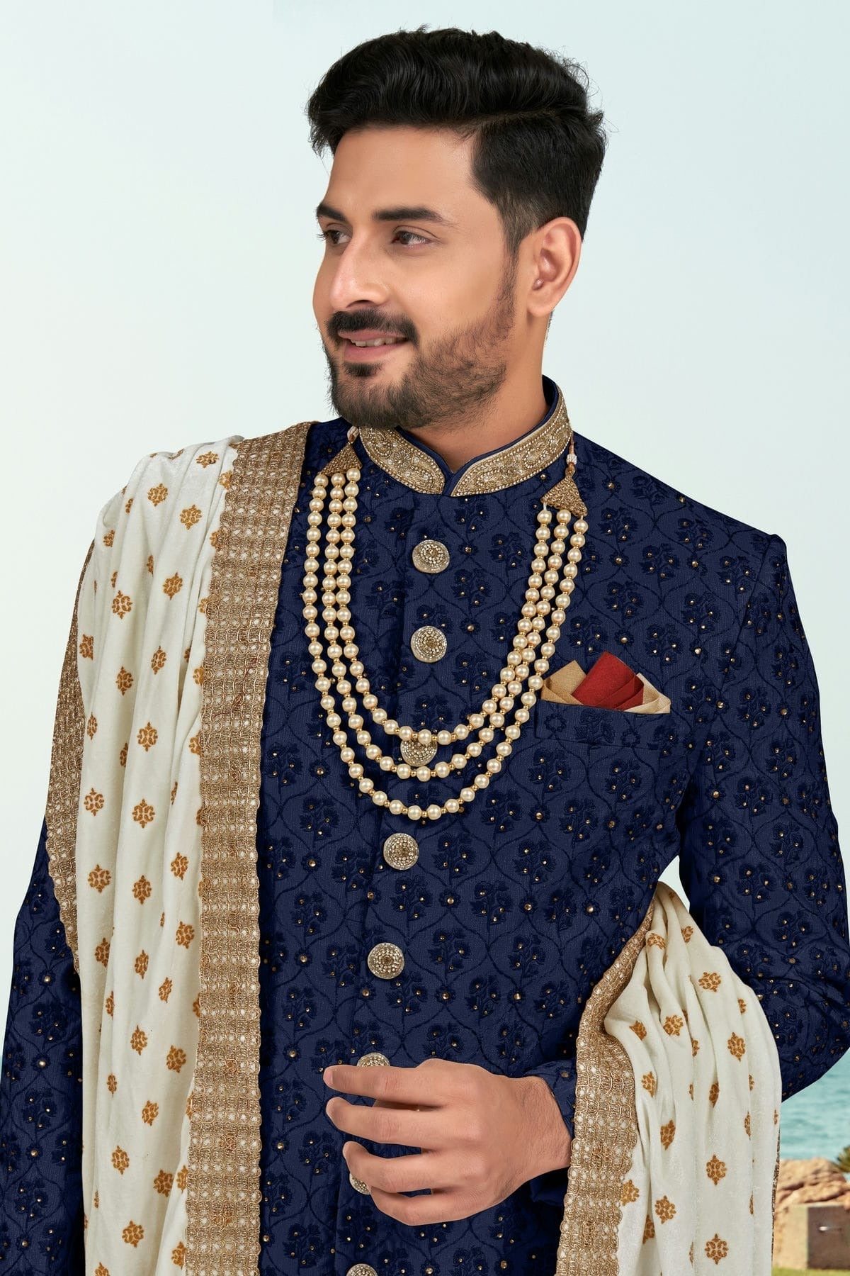 Navy Blue Colour Kora Shine Silk Sherwani SH1040527 A