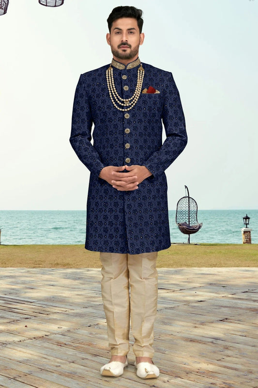 Navy Blue Colour Kora Shine Silk Sherwani SH1040527