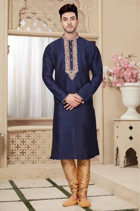 Navy Blue Colour Kurta Pajama In Art Dhupion Fabric KP1040009
