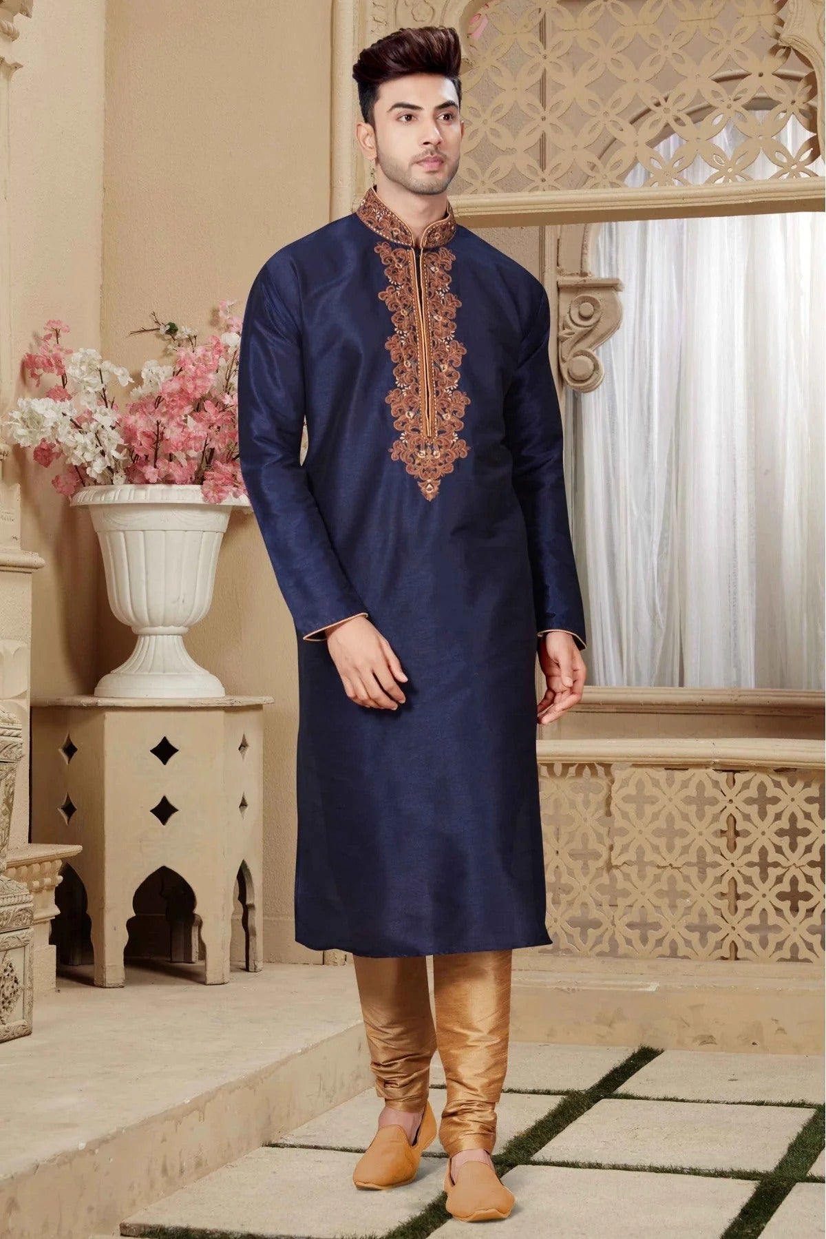 Navy Blue Colour Kurta Pajama In Art Dhupion Fabric KP1040011