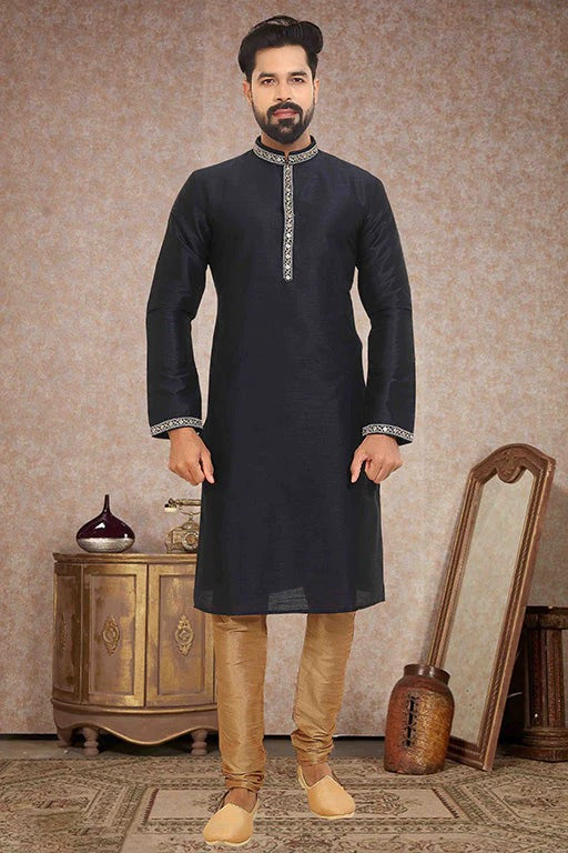 Navy Blue Colour Kurta Pajama In Dupion Silk KP1210134