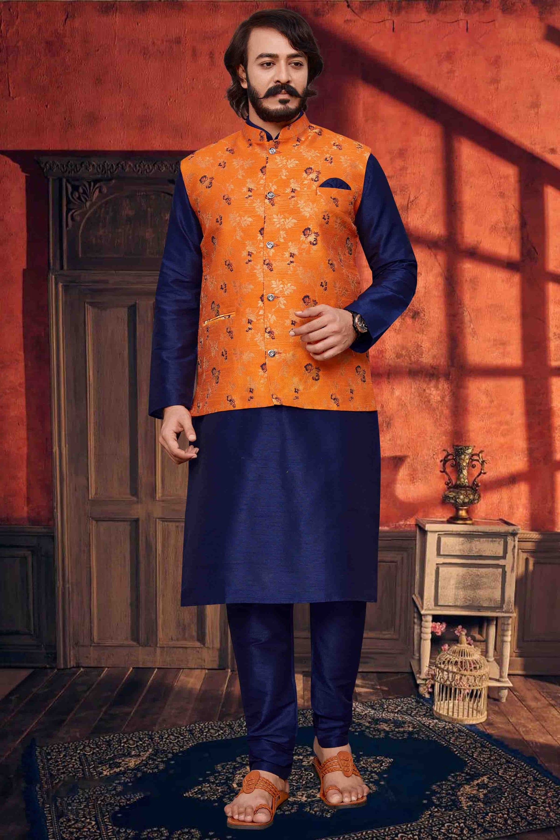 Navy Blue Colour Kurta Pajama With Jacket In Art Silk KP1210351